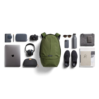 Bellroy Classic Backpack Plus Second Edition in olive green with durable recycled fabric and clean silhouette