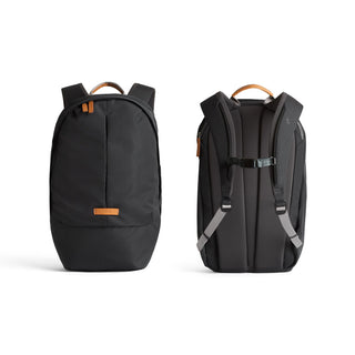 Bellroy Classic Backpack Plus Second Edition front and back view in black with brown handle accents