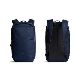 Bellroy Via Backpack in navy blue showing front and padded back with adjustable straps made from recycled fabric