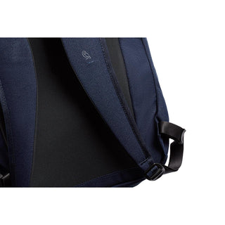 Bellroy Via Backpack showing navy fabric straps with recycled material and adjustable black buckle details