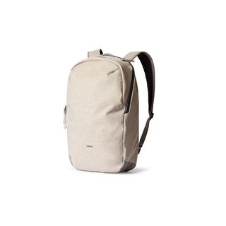 Bellroy Via Backpack in beige recycled fabric showing front and side zip with padded straps