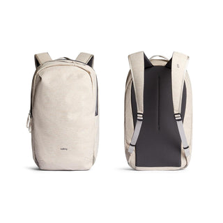 Bellroy Via Backpack in light beige with padded straps and sleek recycled fabric design