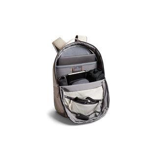 Bellroy Via Backpack open showing organized compartments and light recycled fabric material inside