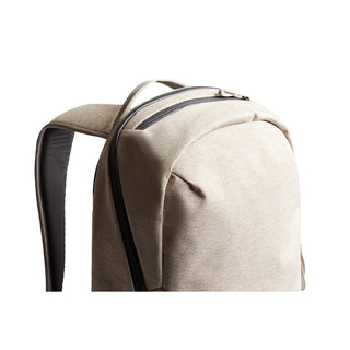 Bellroy Via Backpack in beige recycled fabric with padded straps and sleek zipper detail