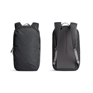 Bellroy Via Backpack in black showing front panel and padded back with adjustable straps