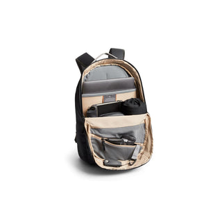 Bellroy Via Backpack open showing organized pockets and padded laptop compartment in recycled fabric