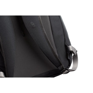 Bellroy Via Backpack close-up of black padded shoulder straps with subtle logo embossing