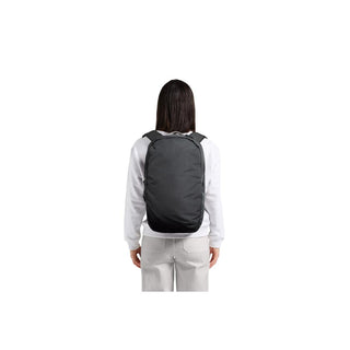 Bellroy Via Backpack shown in black worn from back, showcasing clean minimalist design and slim profile