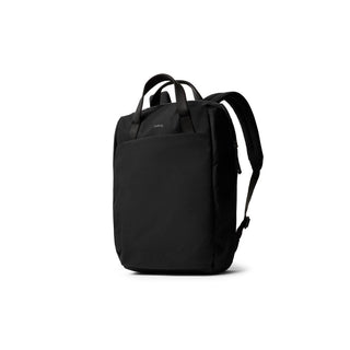 Bellroy Via Workpack black recycled fabric backpack with padded straps and front pocket visible