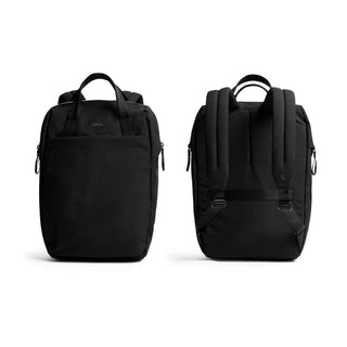 Bellroy Via Workpack black recycled fabric backpack shown from front and back angles