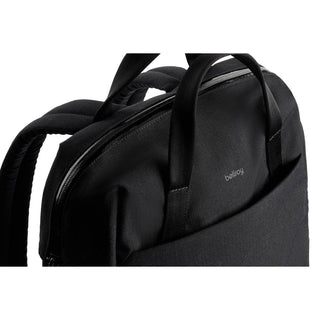 Bellroy Via Workpack black recycled fabric backpack showing handles and zipped top compartment