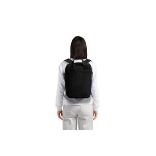 Bellroy Via Workpack black backpack worn, showing slim design and adjustable shoulder straps