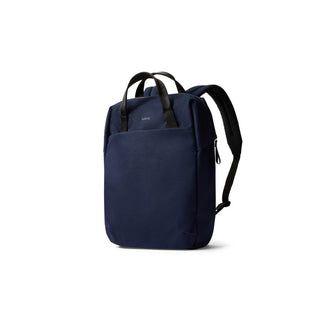 Bellroy Via Workpack navy recycled fabric backpack with black handles and ergonomic straps