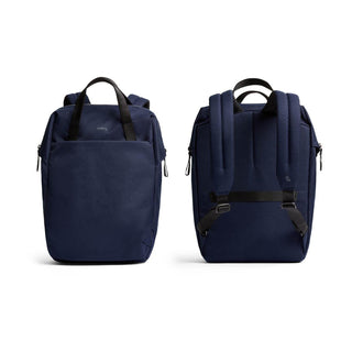 Bellroy Via Workpack navy backpack front and back view made from recycled fabric materials
