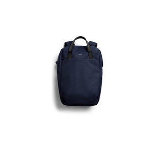 Bellroy Via Workpack in navy blue with sleek recycled fabric and smart carries handles visible front view