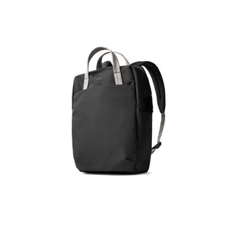 Bellroy Via Workpack black backpack with gray handles, slim profile and padded shoulder straps