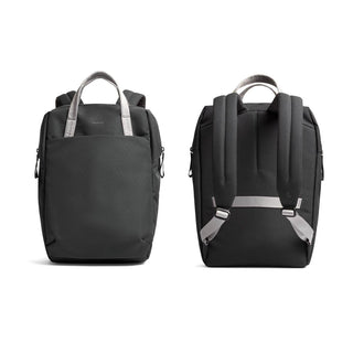 Bellroy Via Workpack black backpack shown from front and back with dual handles and padded straps