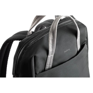 Bellroy Via Workpack black fabric backpack with light gray handles and subtle logo detail