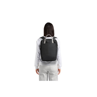 Bellroy Via Workpack black recycled fabric backpack worn by person from back view