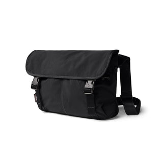 Bellroy Cinch Messenger Bag in black recycled nylon with adjustable shoulder strap and secure buckle closures