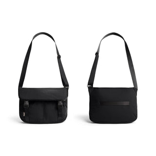 Bellroy Cinch Messenger Bag shown front and back in black recycled nylon with adjustable strap