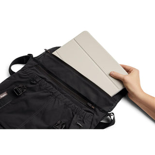 Bellroy Cinch Messenger Bag in black showing tablet slot and internal organization features