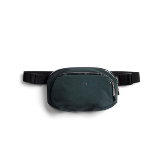 Bellroy Venture Hip Pack 1.5L in dark green recycled nylon with front zip pocket and adjustable strap