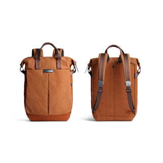 Bellroy Tokyo Totepack Compact in rust brown recycled nylon fabric shown from front and back angles