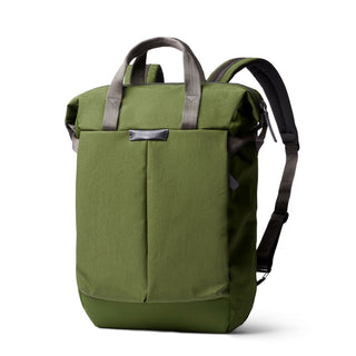 Bellroy Tokyo Totepack Compact in green with recycled fabric and padded shoulder straps visible