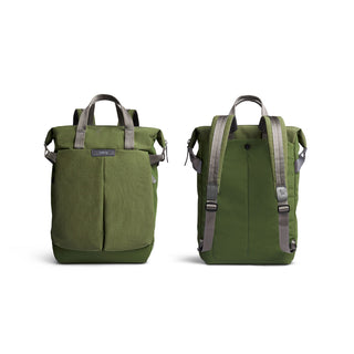 Bellroy Tokyo Totepack Compact in olive green with dual handles and adjustable padded straps visible front and back