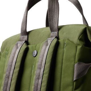 Close-up of olive green Bellroy Tokyo Totepack Compact showing padded straps and durable recycled fabric texture