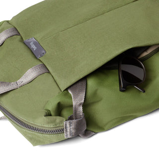 Bellroy Tokyo Totepack Compact in olive green with zipper and sunglasses inside pocket detail