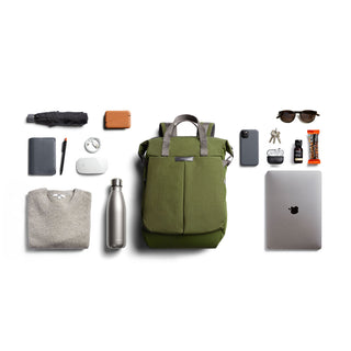 Bellroy Tokyo Totepack Compact olive green eco fabric tote bag with organized everyday carry items