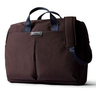 Bellroy Tokyo Work Bag in dark brown recycled fabric with blue handles and adjustable shoulder strap