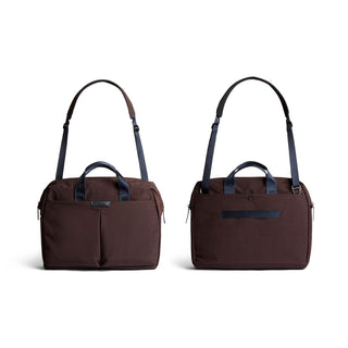 Bellroy Tokyo Work Bag in dark brown recycled fabric shown front and back with adjustable straps