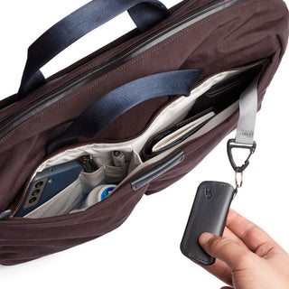 Bellroy Tokyo Work Bag in brown recycled fabric with organized inner compartments and key clip detail