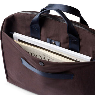 Bellroy Tokyo Work Bag in dark recycled fabric with navy handles and front document pocket open view