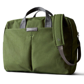 Bellroy Tokyo Work Bag in olive green with dual front pockets and padded shoulder strap