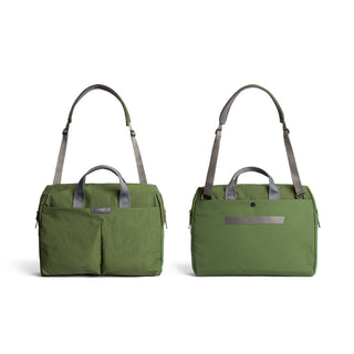 Bellroy Tokyo Work Bag in olive green with dual front pockets and adjustable shoulder strap visible from front and back