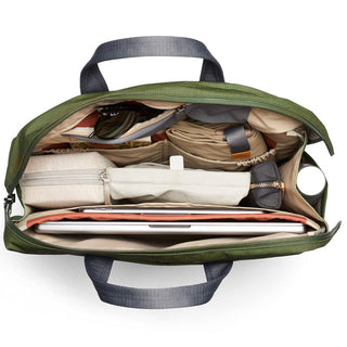 Bellroy Tokyo Work Bag in green showing organized interior compartments with laptop and accessories