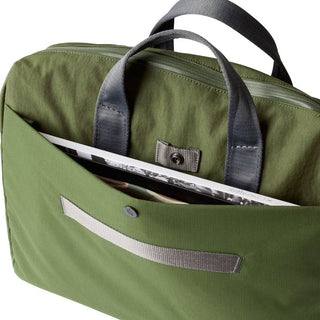Bellroy Tokyo Work Bag in green recycled fabric with sturdy gray handles and external front pocket