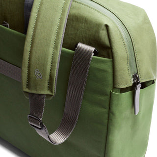 Bellroy Tokyo Work Bag in green recycled fabric showing padded strap and zipper detail close-up