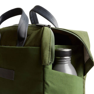 Bellroy Tokyo Work Bag in green recycled fabric with an open zipper and visible water bottle pocket