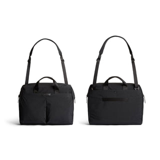 Bellroy Tokyo Work Bag in black recycled fabric shown front and back with adjustable straps and handles