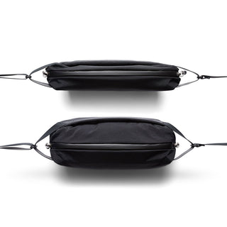 Bellroy Lite Sling black crossbody bag shown from top and front with smooth water-resistant fabric