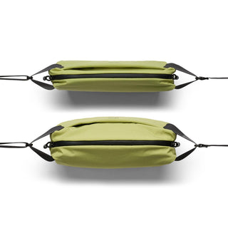 Bellroy Lite Sling crossbody bag in light green made from water-resistant recycled materials shown from top and side angles