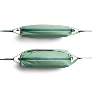 Bellroy Lite Sling in green recycled water-resistant fabric shown from top and bottom angles