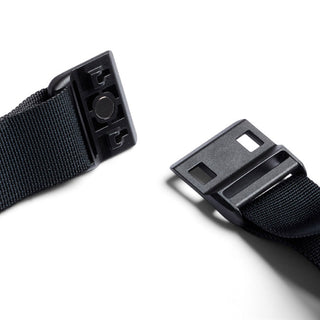 Bellroy Lite Sling Mini black adjustable strap with detailed plastic buckle close-up view