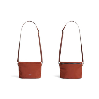 Bellroy Lite Sacoche crossbody bag in burnt orange recycled fabric with adjustable strap front and back views