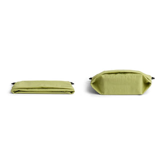 Bellroy Lite Sacoche in olive green recycled fabric shown folded and bottom view on white background